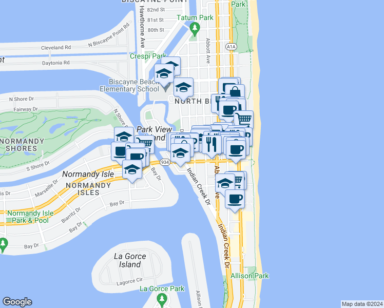 map of restaurants, bars, coffee shops, grocery stores, and more near 7145 Carlyle Avenue in Miami Beach