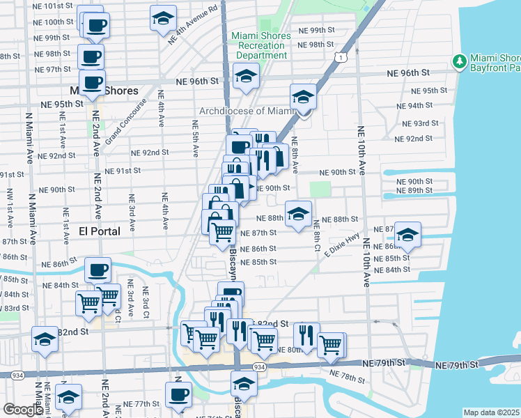 map of restaurants, bars, coffee shops, grocery stores, and more near 742 Northeast 90th Street in Miami