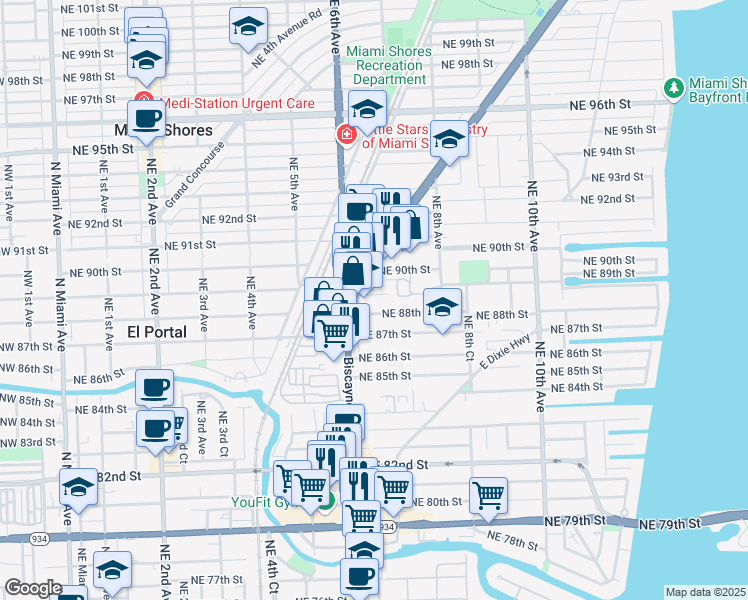 map of restaurants, bars, coffee shops, grocery stores, and more near 65 Northeast 88th Terrace in Miami Shores