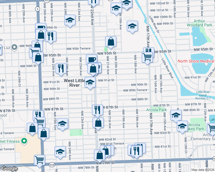 map of restaurants, bars, coffee shops, grocery stores, and more near 9030 Northwest 21st Avenue in Miami