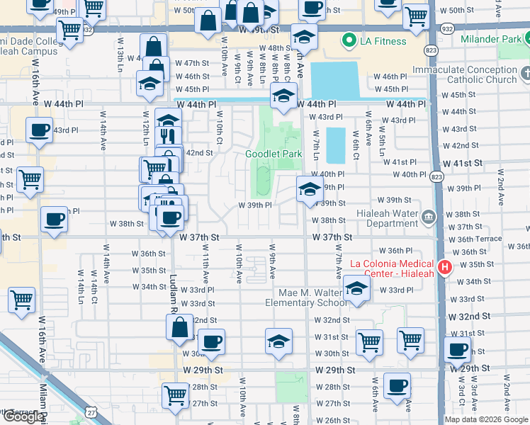 map of restaurants, bars, coffee shops, grocery stores, and more near 880 West 39th Place in Hialeah