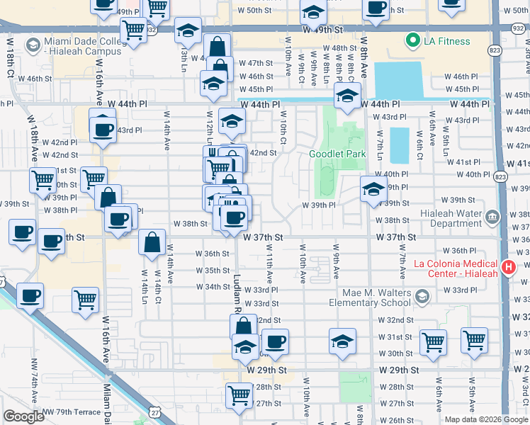 map of restaurants, bars, coffee shops, grocery stores, and more near 1126 West 39th Terrace in Hialeah