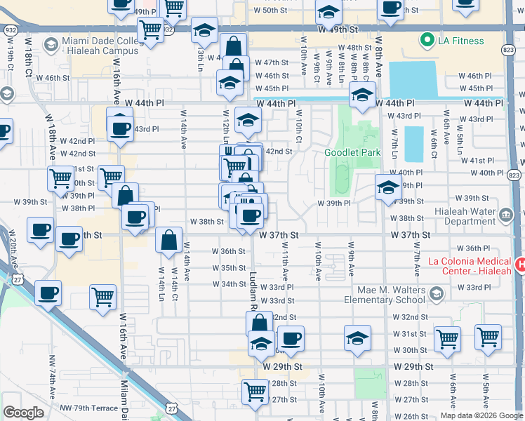 map of restaurants, bars, coffee shops, grocery stores, and more near 1126 West 39th Terrace in Hialeah
