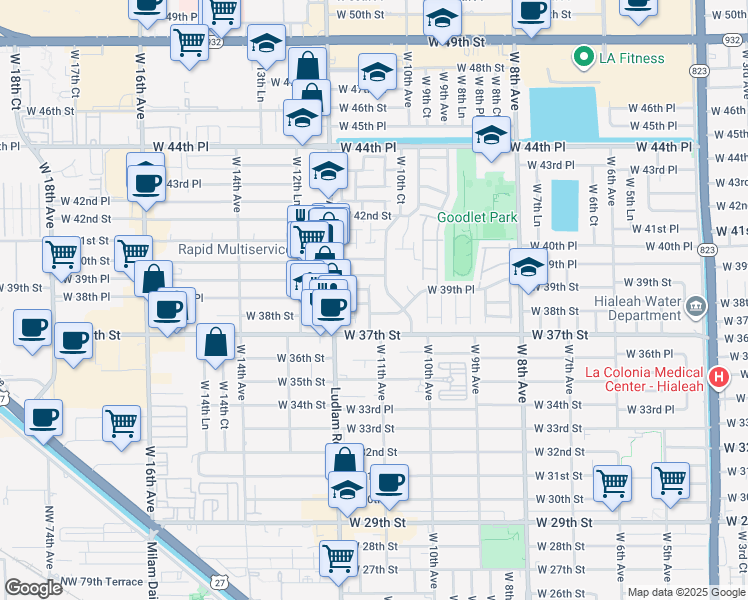 map of restaurants, bars, coffee shops, grocery stores, and more near 1126 West 39th Terrace in Hialeah