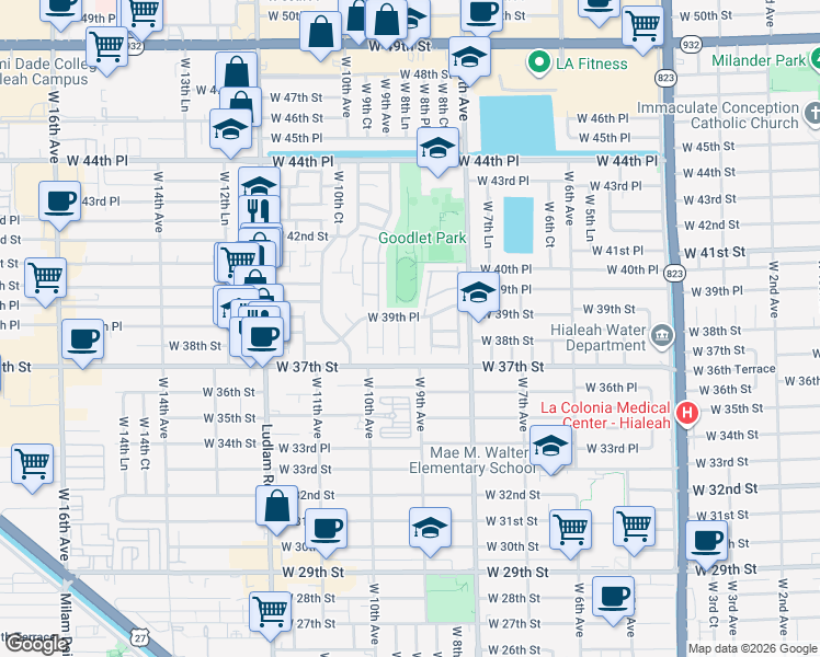 map of restaurants, bars, coffee shops, grocery stores, and more near 880 West 39th Place in Hialeah