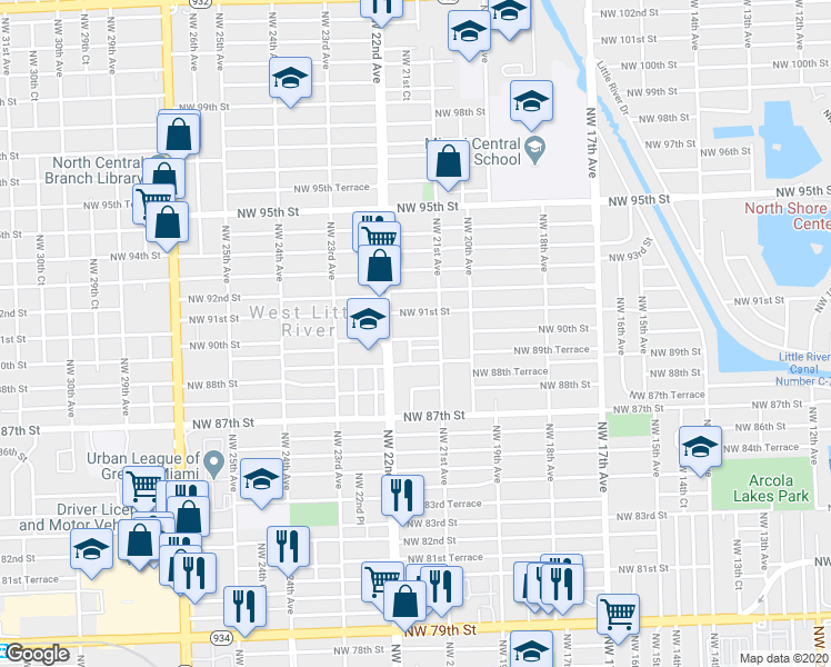 map of restaurants, bars, coffee shops, grocery stores, and more near 2159 Northwest 90th Street in Miami