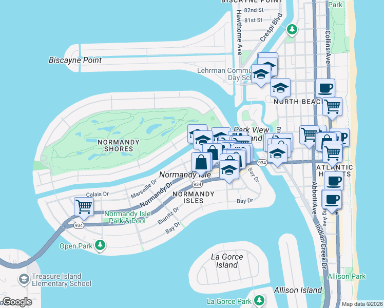 map of restaurants, bars, coffee shops, grocery stores, and more near 300 South Shore Drive in Miami Beach