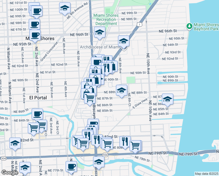 map of restaurants, bars, coffee shops, grocery stores, and more near 742 Northeast 90th Street in Miami