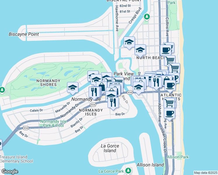 map of restaurants, bars, coffee shops, grocery stores, and more near 7835 Rue Versailles Drive in Miami Beach