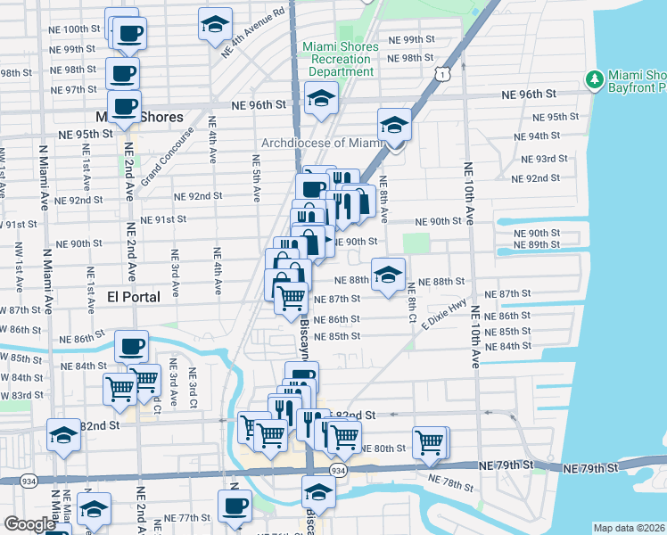 map of restaurants, bars, coffee shops, grocery stores, and more near 65 Northeast 88th Terrace in Miami Shores