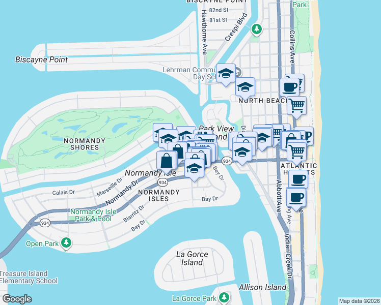 map of restaurants, bars, coffee shops, grocery stores, and more near 7835 Rue Versailles Drive in Miami Beach