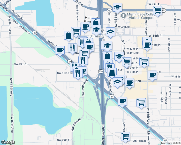 map of restaurants, bars, coffee shops, grocery stores, and more near 7837 West Okeechobee Road in Hialeah Gardens
