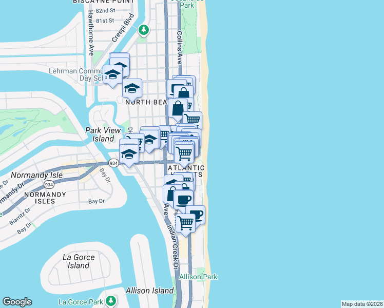 map of restaurants, bars, coffee shops, grocery stores, and more near 7135 Collins Avenue in Miami