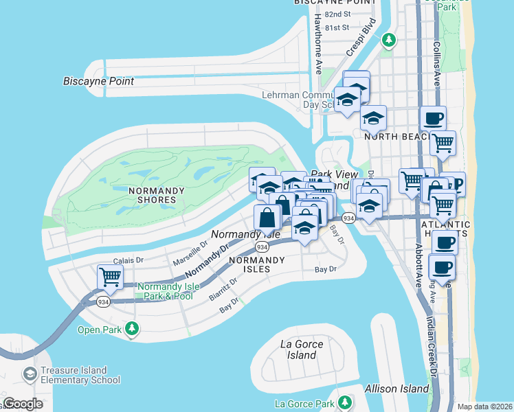 map of restaurants, bars, coffee shops, grocery stores, and more near 300 South Shore Drive in Miami Beach