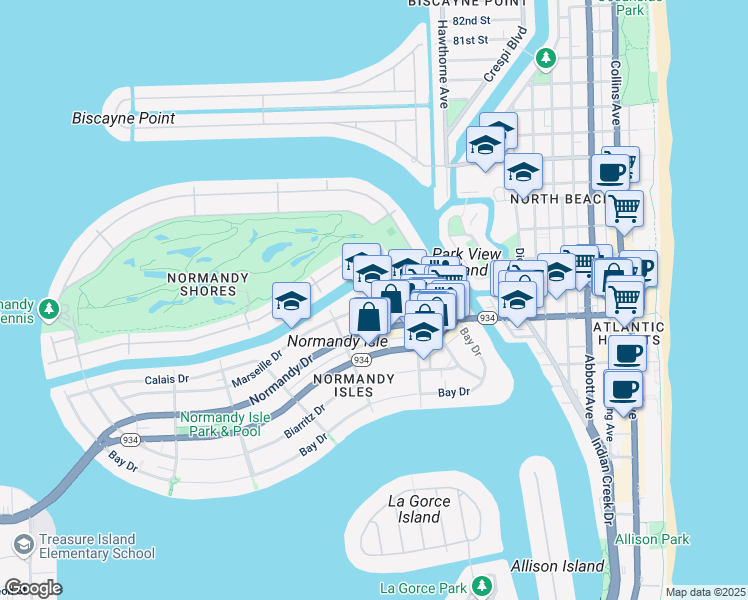 map of restaurants, bars, coffee shops, grocery stores, and more near 1201 Marseille Drive in Miami