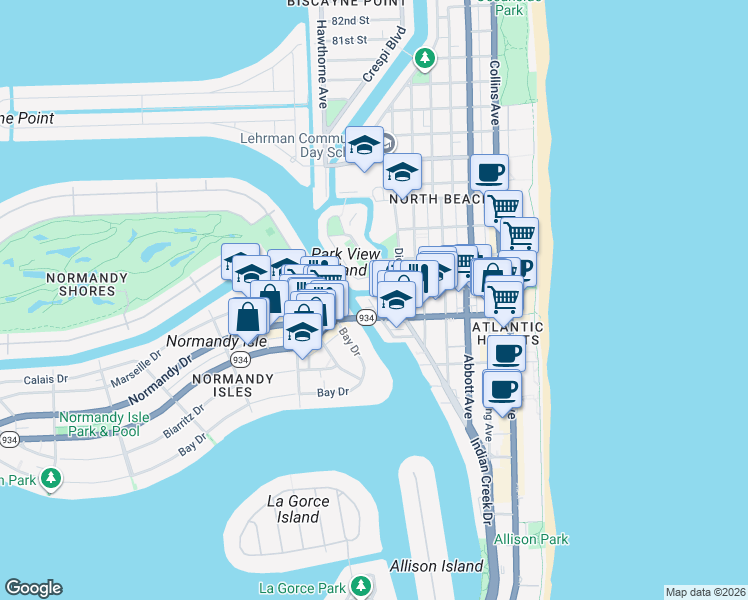 map of restaurants, bars, coffee shops, grocery stores, and more near 7133 Bonita Drive in Miami Beach
