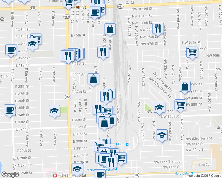 map of restaurants, bars, coffee shops, grocery stores, and more near 3685 East 11th Avenue in Hialeah