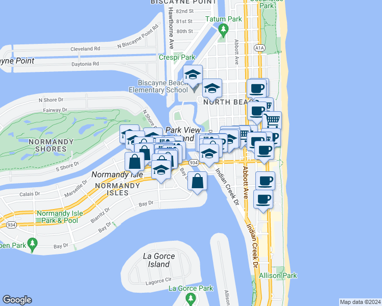 map of restaurants, bars, coffee shops, grocery stores, and more near 832 Raymond Street in Miami Beach