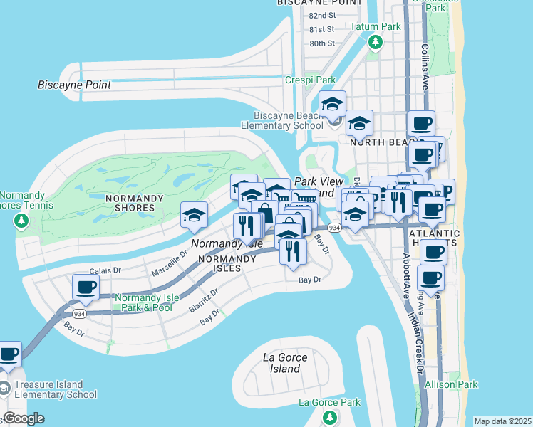 map of restaurants, bars, coffee shops, grocery stores, and more near 1101 Marseille Drive in Miami Beach