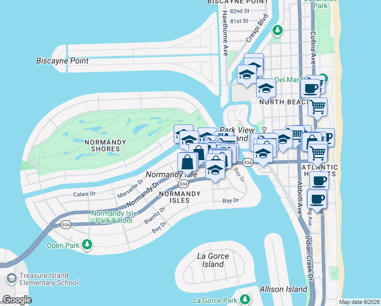 map of restaurants, bars, coffee shops, grocery stores, and more near 1201 Marseille Drive in Miami