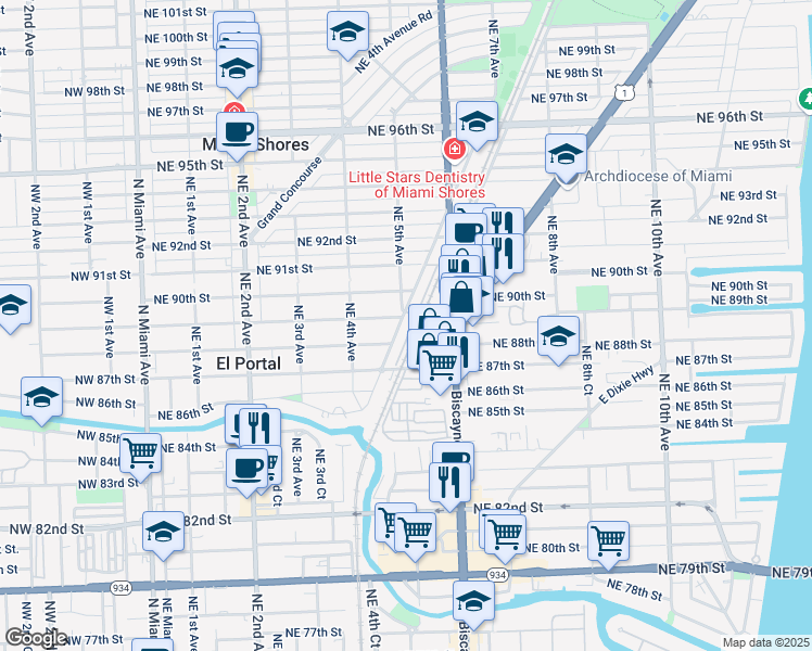 map of restaurants, bars, coffee shops, grocery stores, and more near 8841 Northeast 4th Avenue Road in Miami Shores