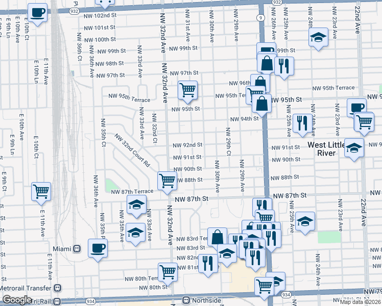 map of restaurants, bars, coffee shops, grocery stores, and more near 3110 Northwest 92nd Street in Miami
