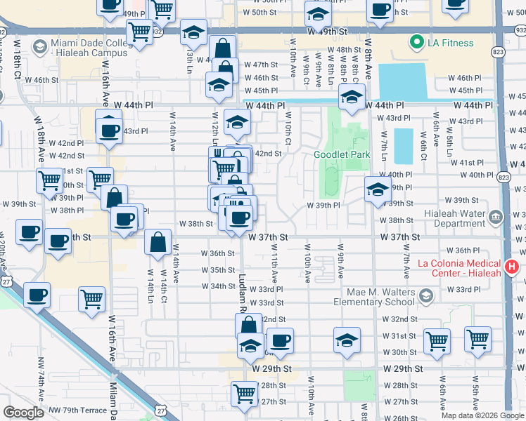 map of restaurants, bars, coffee shops, grocery stores, and more near 1126 West 39th Terrace in Hialeah