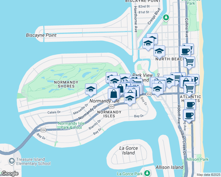 map of restaurants, bars, coffee shops, grocery stores, and more near 1201 Marseille Drive in Miami
