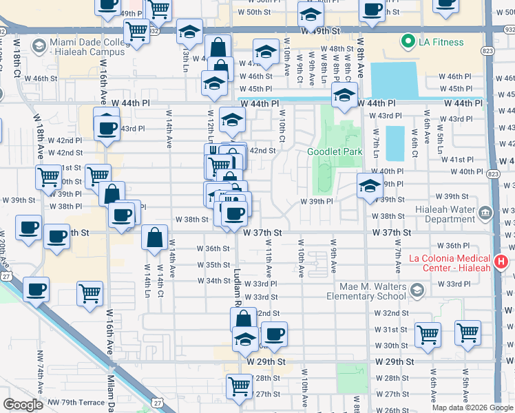 map of restaurants, bars, coffee shops, grocery stores, and more near 1126 West 39th Terrace in Hialeah