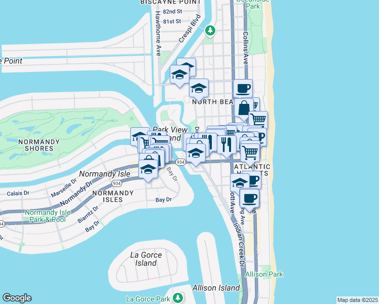 map of restaurants, bars, coffee shops, grocery stores, and more near 7141 Indian Creek Drive in Miami Beach