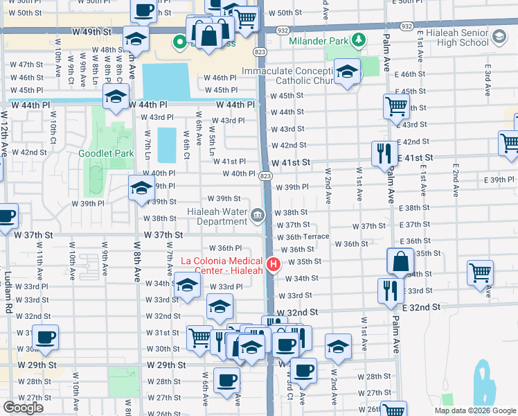 map of restaurants, bars, coffee shops, grocery stores, and more near 3802 West 4th Avenue in Hialeah