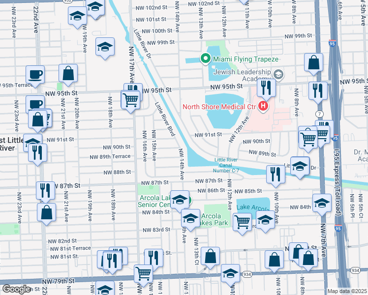 map of restaurants, bars, coffee shops, grocery stores, and more near 9001 Little River Boulevard in Miami