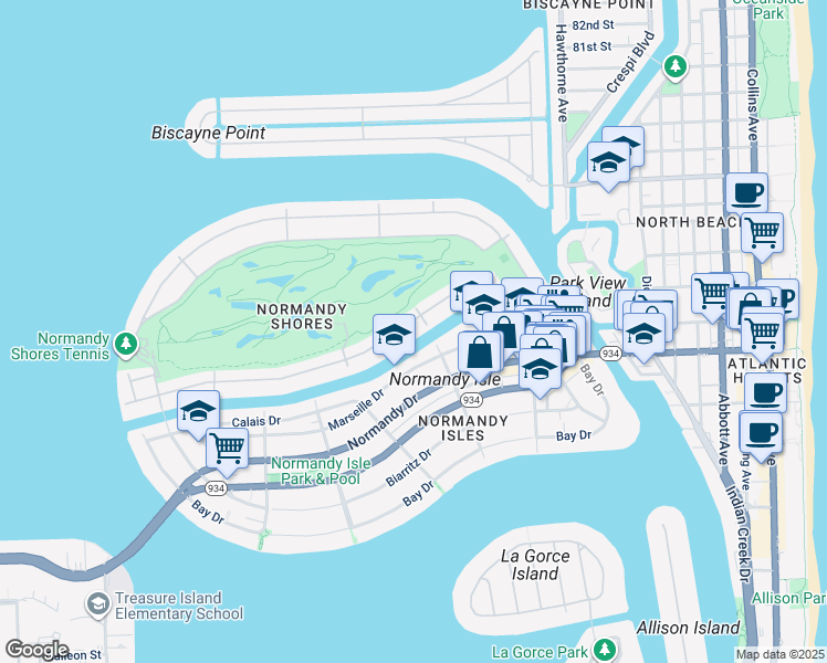 map of restaurants, bars, coffee shops, grocery stores, and more near 430 South Shore Drive in Miami Beach
