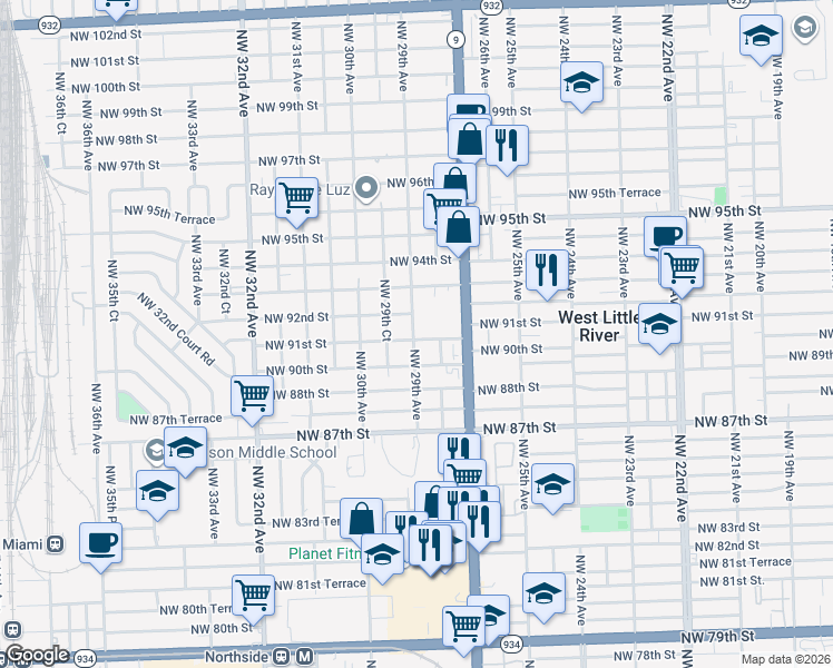 map of restaurants, bars, coffee shops, grocery stores, and more near 9101 NW 29th Ave in Miami
