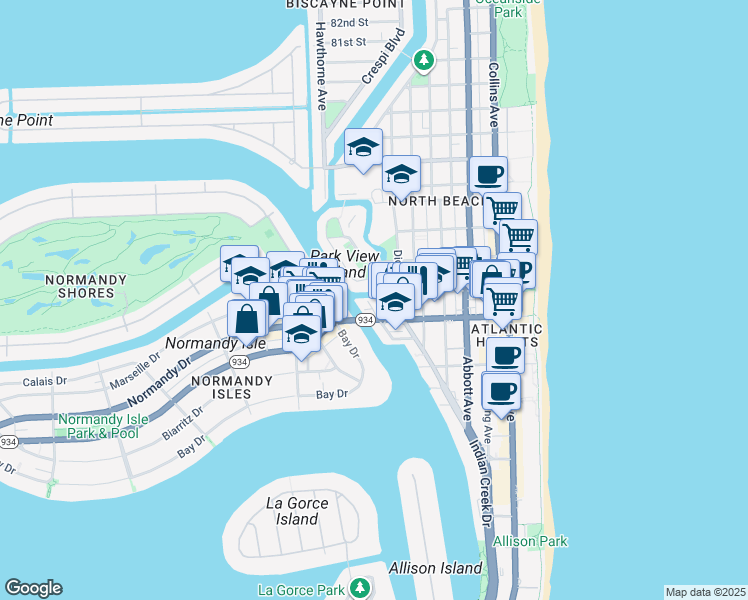 map of restaurants, bars, coffee shops, grocery stores, and more near 832 Raymond Street in Miami Beach