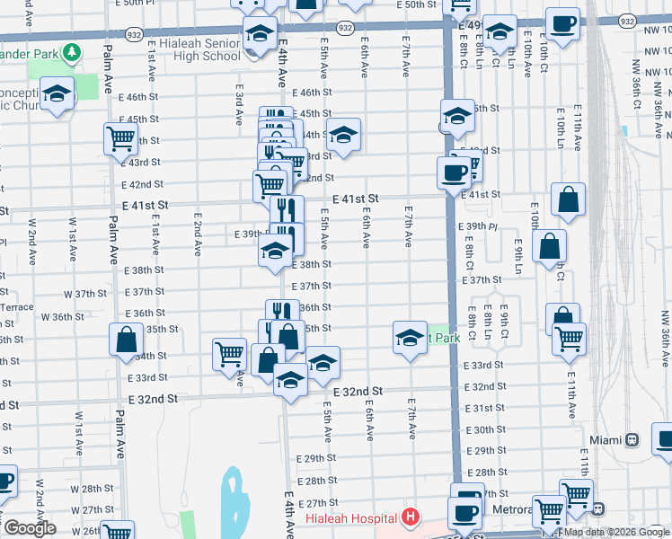 map of restaurants, bars, coffee shops, grocery stores, and more near 502 East 38th Street in Hialeah