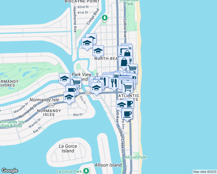 map of restaurants, bars, coffee shops, grocery stores, and more near 7145 Carlyle Avenue in Miami Beach