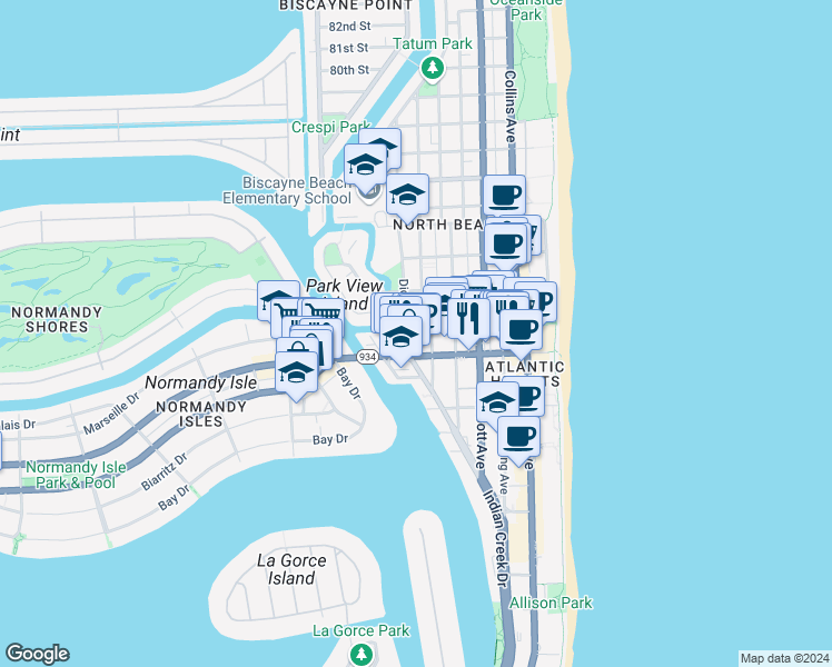map of restaurants, bars, coffee shops, grocery stores, and more near 7141 Indian Creek Drive in Miami Beach
