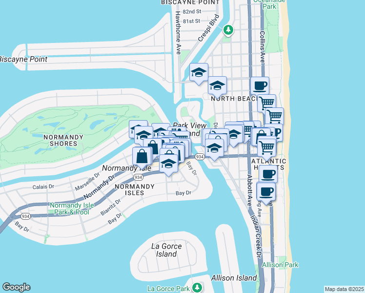 map of restaurants, bars, coffee shops, grocery stores, and more near 7171 Bay Drive in Miami Beach