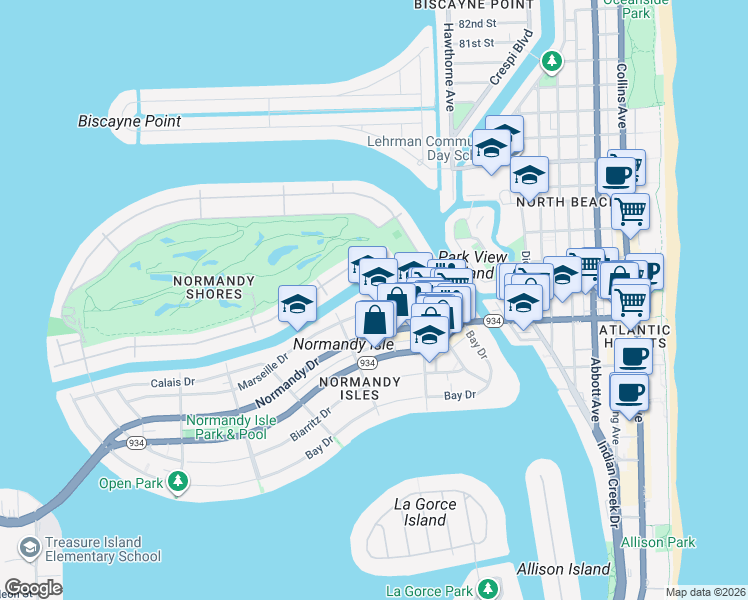 map of restaurants, bars, coffee shops, grocery stores, and more near 1201 Marseille Drive in Miami