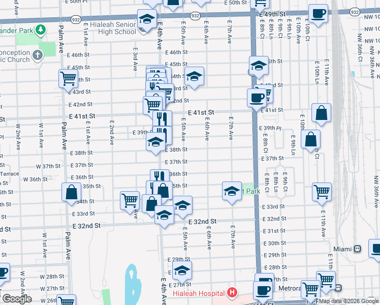 map of restaurants, bars, coffee shops, grocery stores, and more near 502 East 38th Street in Hialeah