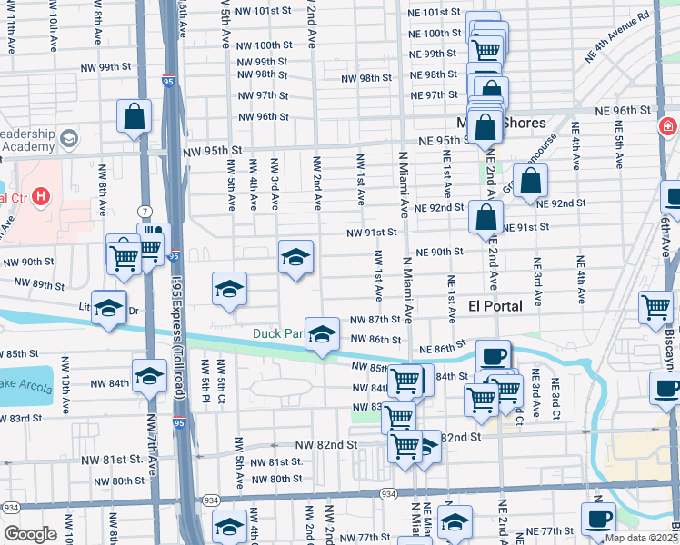 map of restaurants, bars, coffee shops, grocery stores, and more near 173 Northwest 89th Street in El Portal