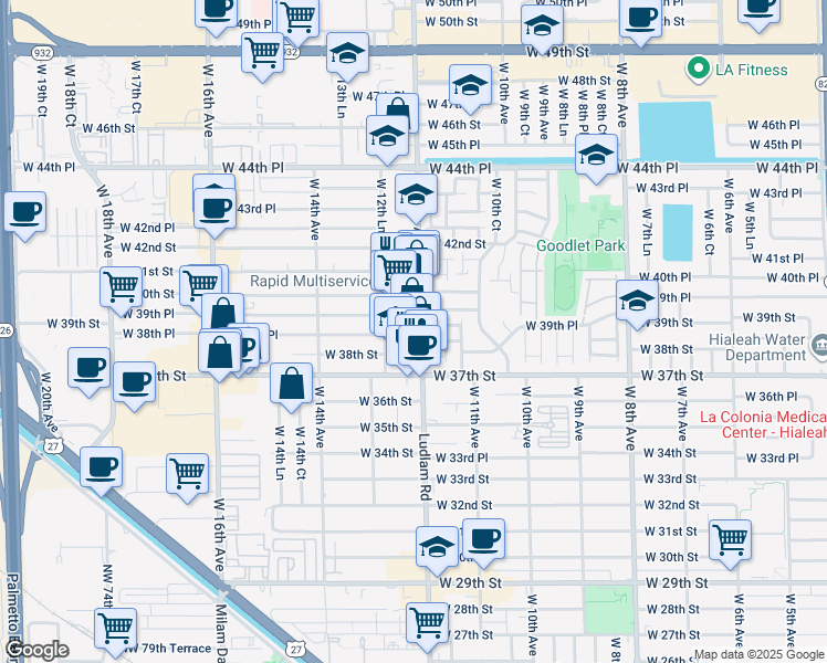map of restaurants, bars, coffee shops, grocery stores, and more near 3920 West 12th Avenue in Hialeah