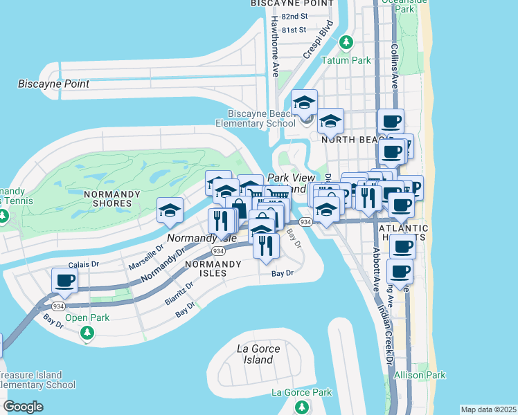 map of restaurants, bars, coffee shops, grocery stores, and more near 955 Marseille Drive in Miami Beach