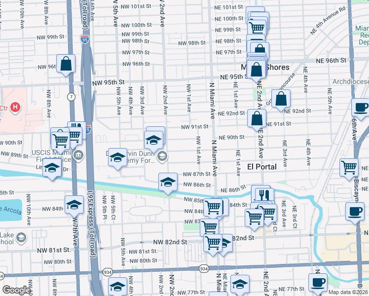 map of restaurants, bars, coffee shops, grocery stores, and more near 173 Northwest 89th Street in El Portal