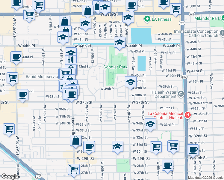 map of restaurants, bars, coffee shops, grocery stores, and more near 880 West 39th Place in Hialeah