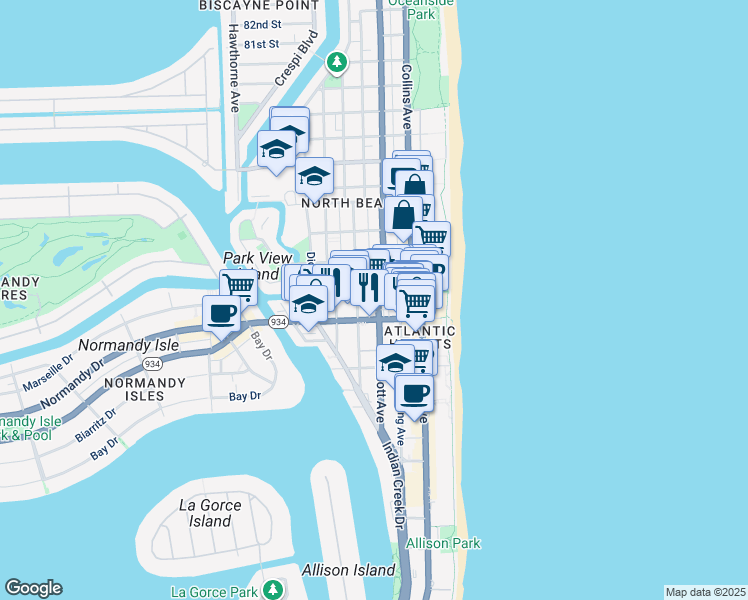 map of restaurants, bars, coffee shops, grocery stores, and more near 7136 Abbott Avenue in Miami Beach