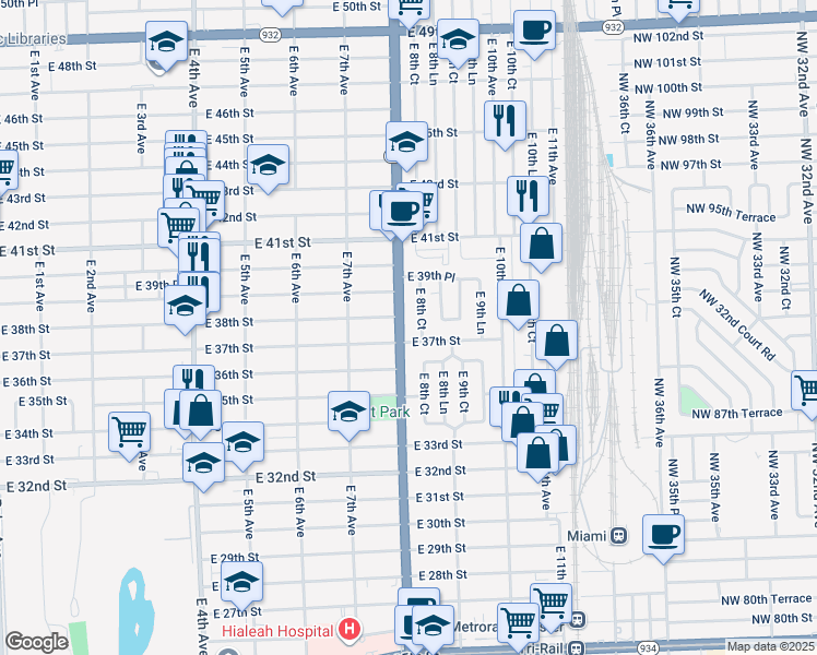 map of restaurants, bars, coffee shops, grocery stores, and more near 3761 North Le Jeune Road in Hialeah