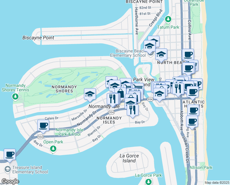 map of restaurants, bars, coffee shops, grocery stores, and more near 1201 Marseille Drive in Miami