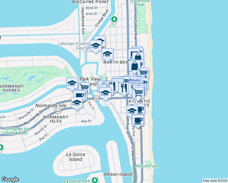 map of restaurants, bars, coffee shops, grocery stores, and more near 7143 Carlyle Avenue in Miami Beach